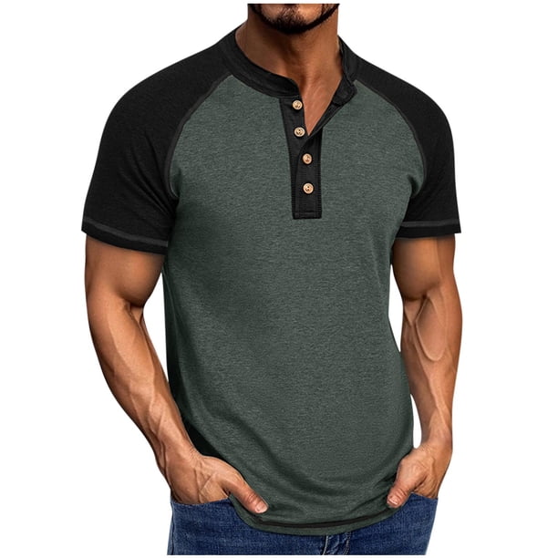 Blusa de Manga Corta de los Hombres Botones de Color Sólido Al Aire Libre Respirable Cuello Redondo, Sudadera Suelta Casual para Diario