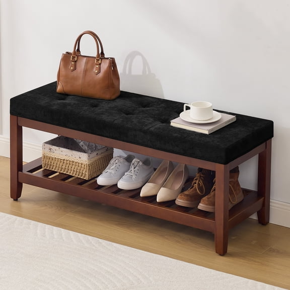 44" Upholstered Storage Bench with Shoe Rack, Tufted Chenille Seat, Solid Wood Legs, Entryway Bench