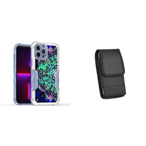 Case and Pouch Bundle for iPhone 14 Plus: Heavy Duty Armor Rugged Case (Teal Galaxy Mandala) and Vertical Nylon Belt Holster