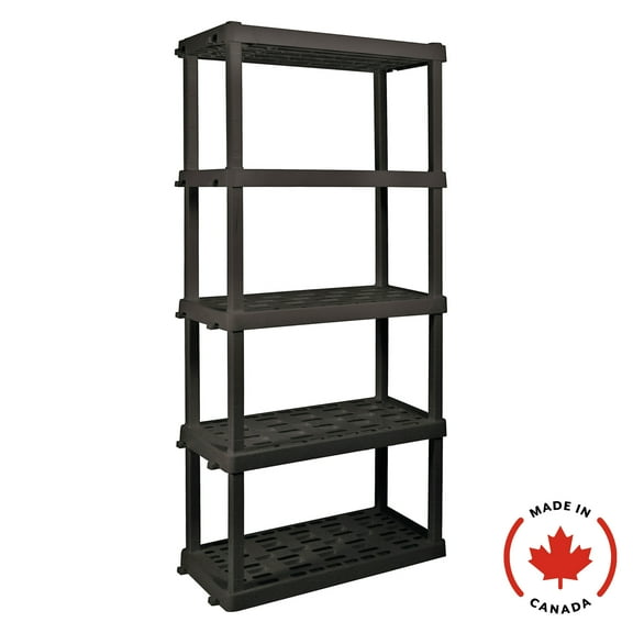 Étagère en plastique ultra-résistante à 5 niveaux (73,80 po H x 17,75 po P x 36 po L) noire - Capacité totale de 750 lb. Fabriquée au Canada.