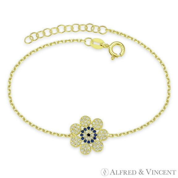 Evil Eye & Flower Charm Bracelet with CZ Crystals in .925 Sterling Silver