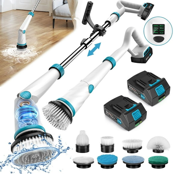 1500RPM Electric Spin Scrubber, 8 Brush Heads Electric Scrubber for Cleaning, Shower Scrubber with Long Handle and Two Battery, High Power Scrubber with Display for