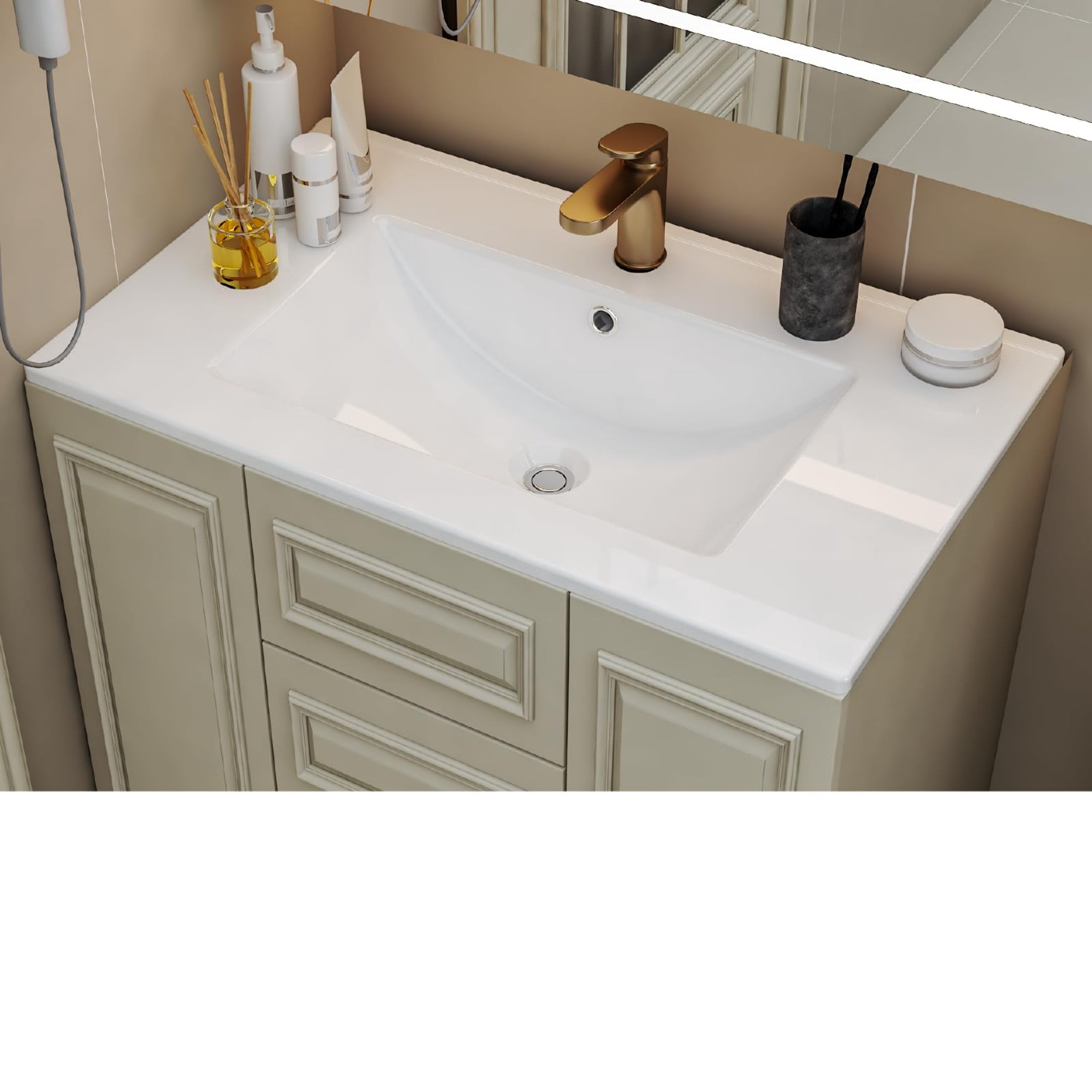 30'' Vanity Sink Top,Bathroom Undermount Ceramic Sink Top W/One Hole, Rectangular Porcelain Sink Basin,Overflow Drain,White