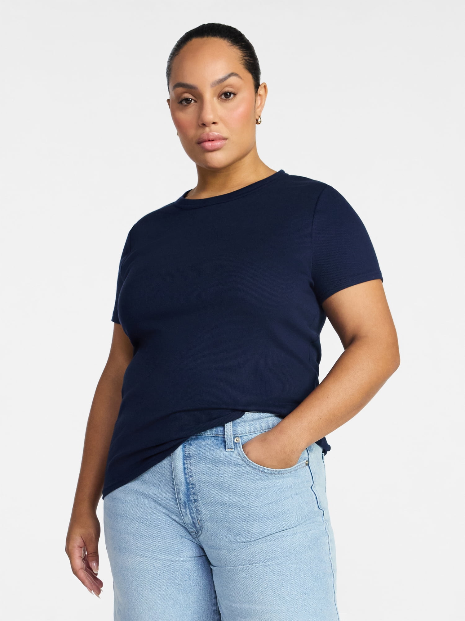 Time and Tru Women's Ribbed Tee with Short Sleeves, Sizes XS-XXXL
