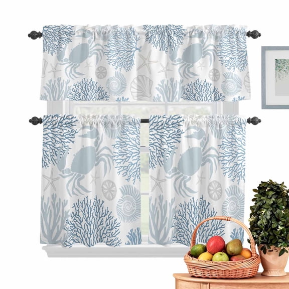 Summer Kitchen Curtains Valances 3 Piece Set, Blue Grey Crab Coral Seashell Nautical Coastal Ocean Rod Pocket Tier Curtain and Valance Drapes for Small Window 24 Inch Length for Bedroom Cafe
