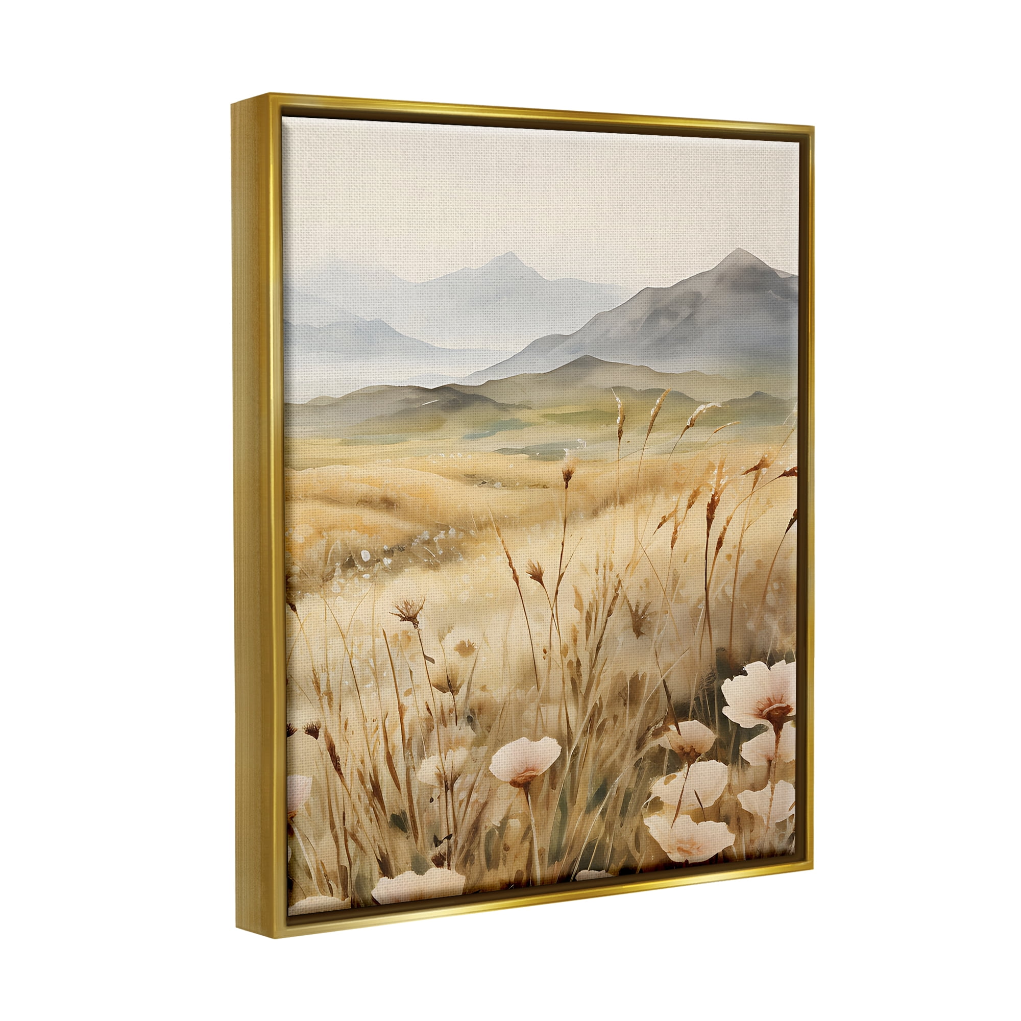 Stupell Industries Mountain View Meadow Landscape Painting Gold Floater Framed Canvas Art Print Wall Art, 25 x 31
