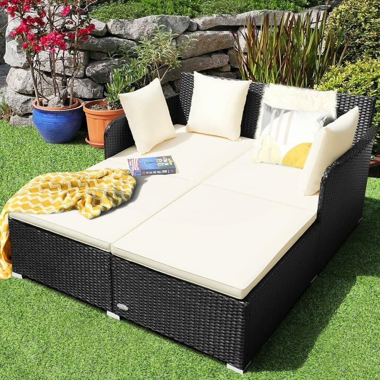 Gymax Rattan Patio Daybed Loveseat Sofa Yard Outdoor w Beige Cushions Pillows