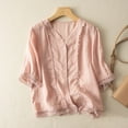 thumbnail image 2 of tklpehg Womens 3/4 Sleeve Tops Tunic Lightweight Loose Blouses Crewneck Button Vintage Crochet Lace Trim Half Sleeve Cotton Linen Shirt Summer Vintage Solid Color Casual Blouses (Pink,XL), 2 of 6