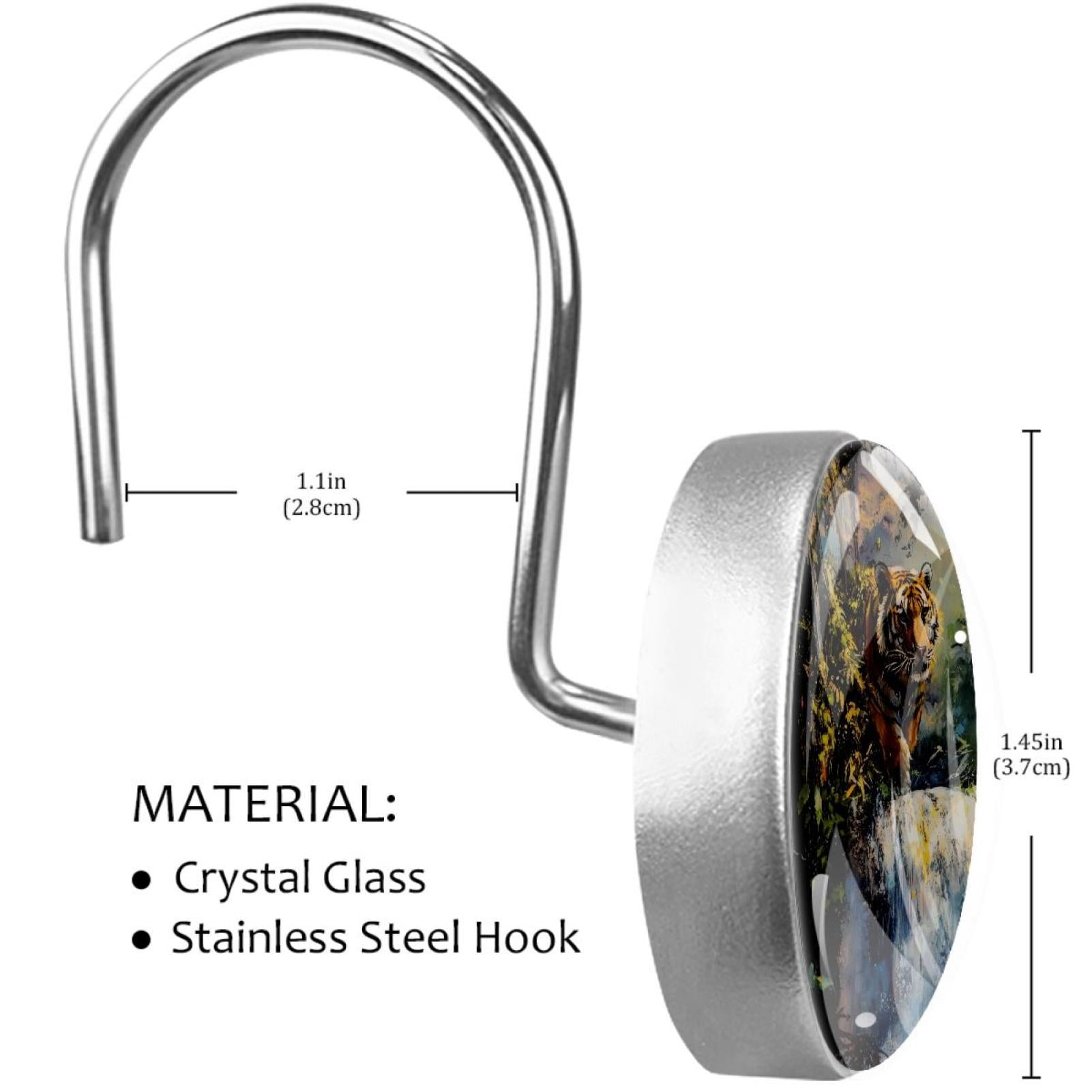 Waterfall Tigers Bush Shower Curtain Hooks Round Crystal Glass, Set of 12 Shower Curtain Rings - Shower Hooks for Curtain Shower Rings