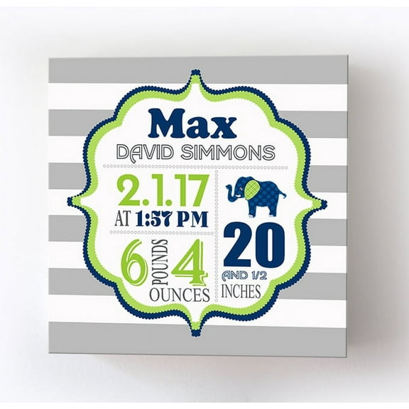 Personalized Canvas Birth Announcement Nursery Decor Gift, Safari Elephant Design, Custom Name, Date, Weight & Length, Unique Boys & Girls Baby Shower Wall Art Presents, Color Gray # 1 , Size - 10x10