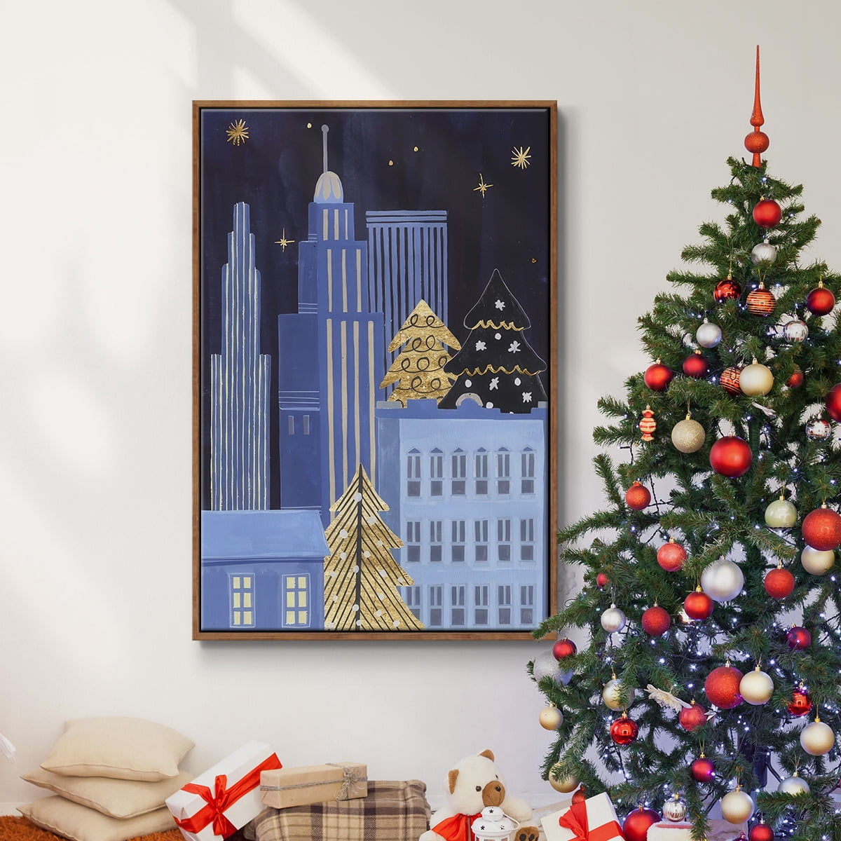 Holiday Night Collection B - Framed Gallery Wrapped Holiday Canvas - 17 x 25 - Rosewood Frame
