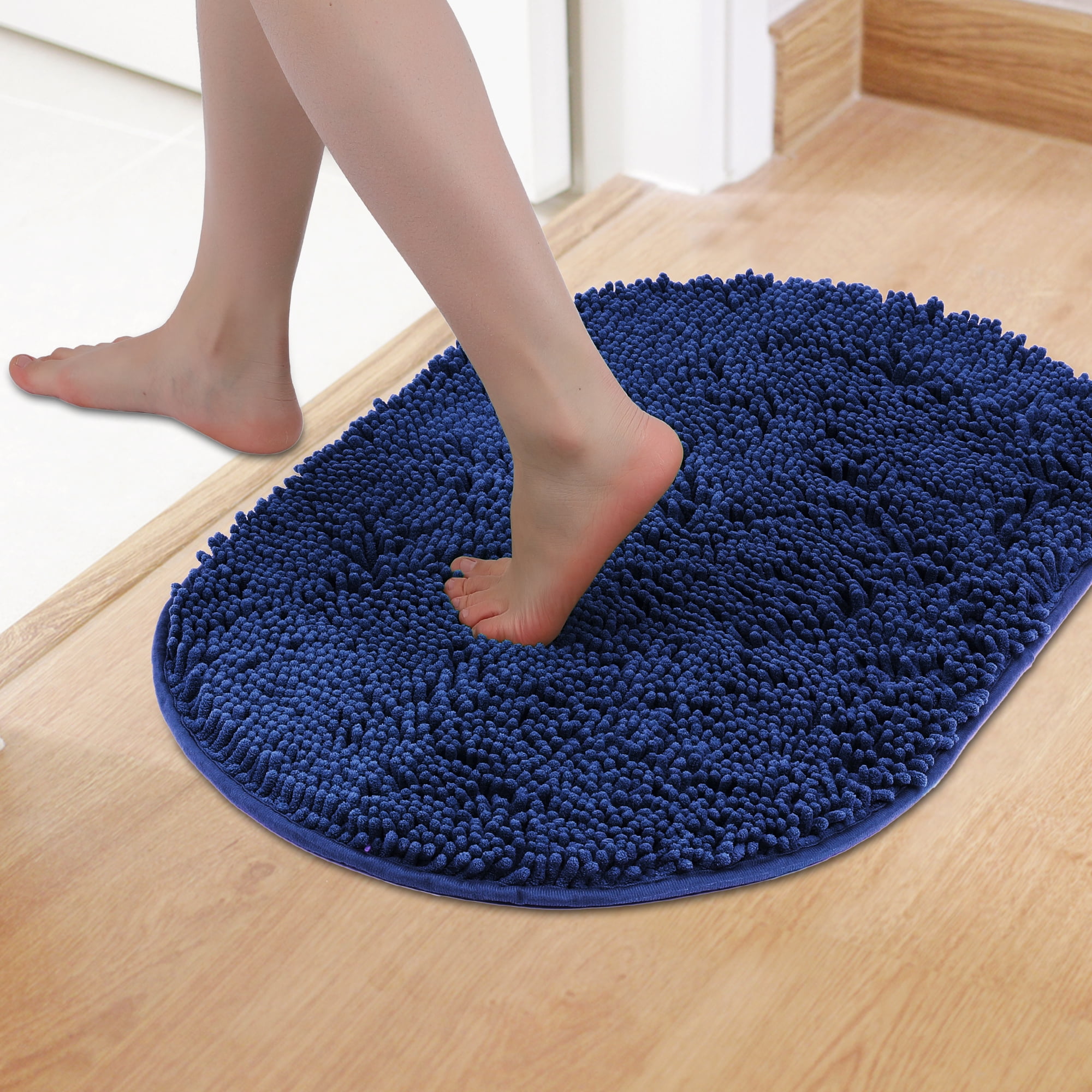 Unique Bargains Oval Plush Bath Mat Soft Non Slip Washable Rug Dark Blue 16" x 24"