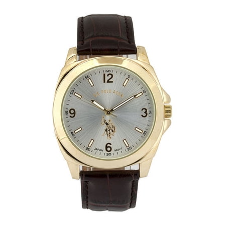 USPA MEN S GOLD ROUND CASE. ANALOG SILVER DIAL WATCH WITH LEATHER STRAP