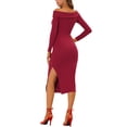 thumbnail image 3 of INSPIRE CHIC Women's Elegant Off Shoulder Knit Ribbed Bodycon Midi Dress Wine Red L, 3 of 5