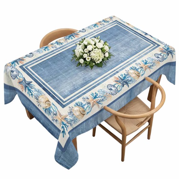 Rectangle Tablecloth, Summer Beach Starfish Conch Coral Waterproof Table Cloth 60x120 in Blue Gradient Washable Spillproof Table Cover for Kitchen Dining Party Decor Outdoor Camping