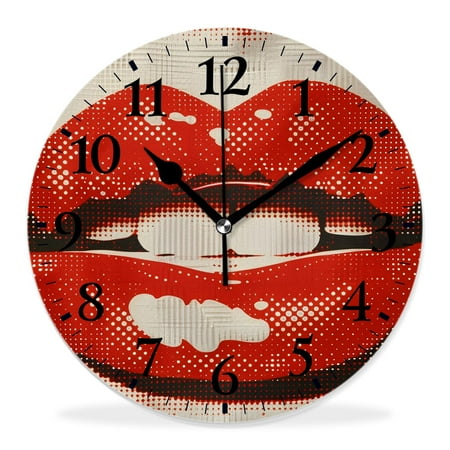 10 Inch Wall Clock Battery Operated Silent Clock Decorative for Office, Kitchen, Outdoor, Living RoomPop Art Colorful Bite Sexy Red Lip on Polka Dot Lovely
