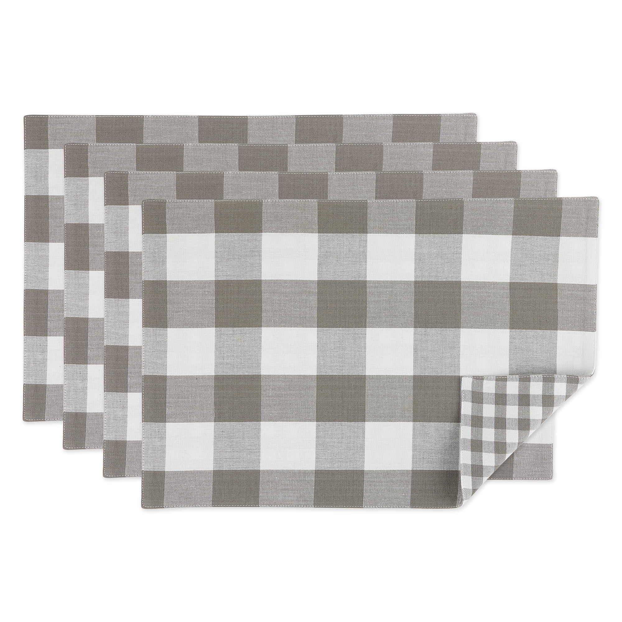 Set of 4 White and Gray Rectangular Gingham Checkered Placemat, 17