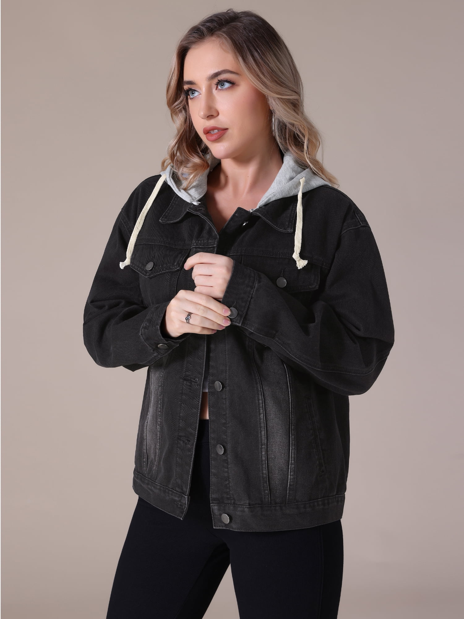 Unique Bargains Women's Denim Long Sleeves Jacket with Detachable Hoodie M Black