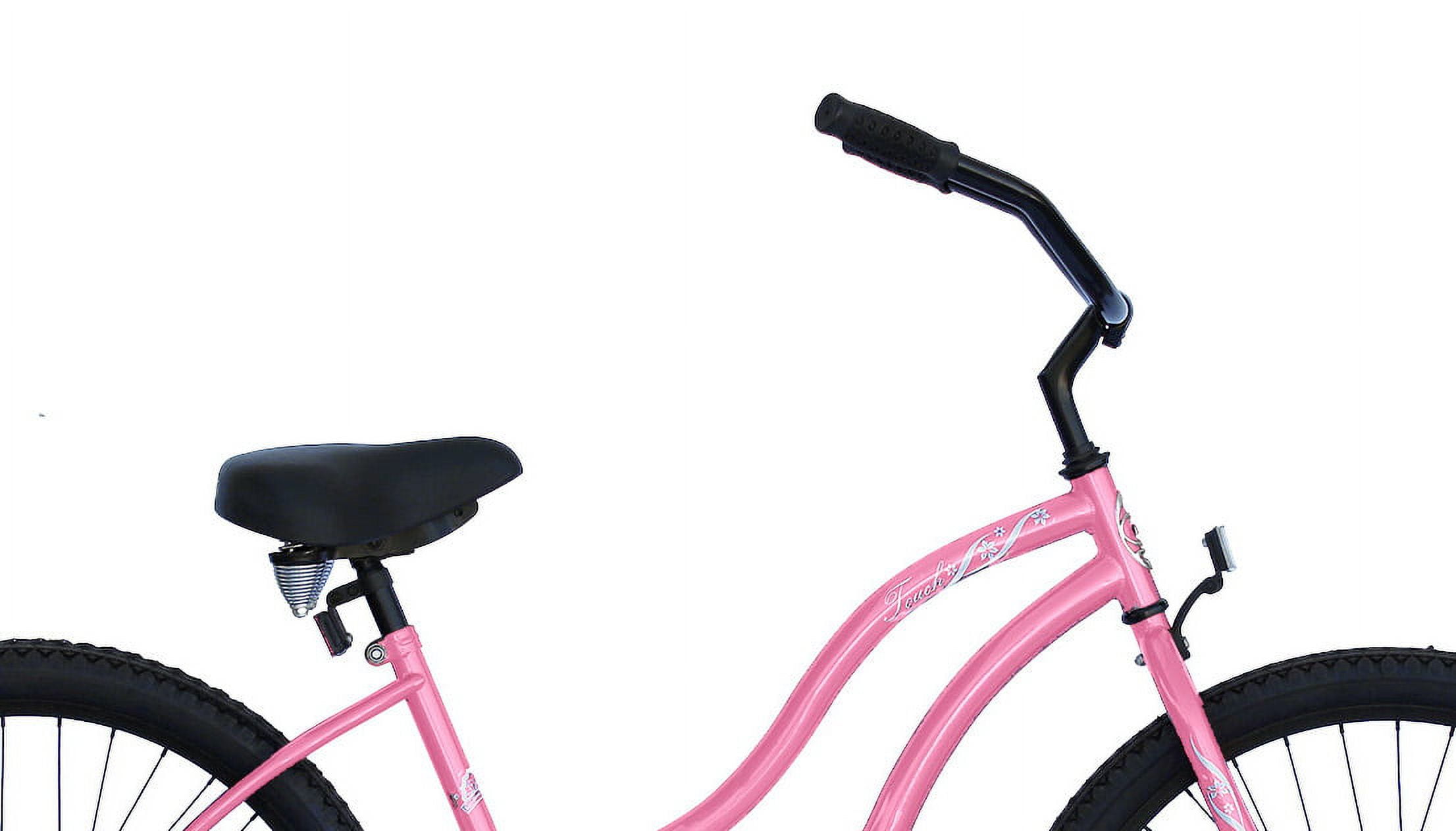 WonderWheels 26" Beach Cruiser Coaster Brake Single Speed Black Spokes One Piece Crank Alloy Black Rims 36H - Pink