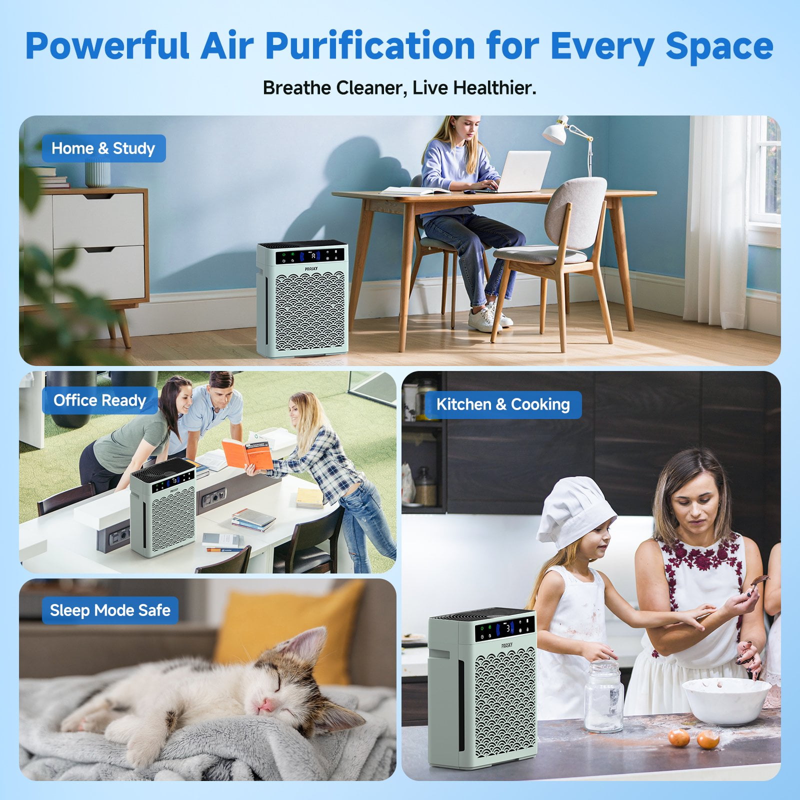 PRASKY Air Purifier for Home up to 2250 Sq Ft Coverage, True HEPA Filter for Pets, Smoke & Allergies | Quiet & Portable for Bedroom/Living Room (Green)