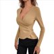 thumbnail image 1 of Camiseta de Larga Ajustada con Escote en V Profundo y Fruncido para Mujer Caqui M, 1 of 5