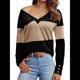 thumbnail image 1 of Blusas Elegantes e Informales para Mujer, con Bloques de Color, de Larga y Cuello en V, para Otoño. Camello M, 1 of 6