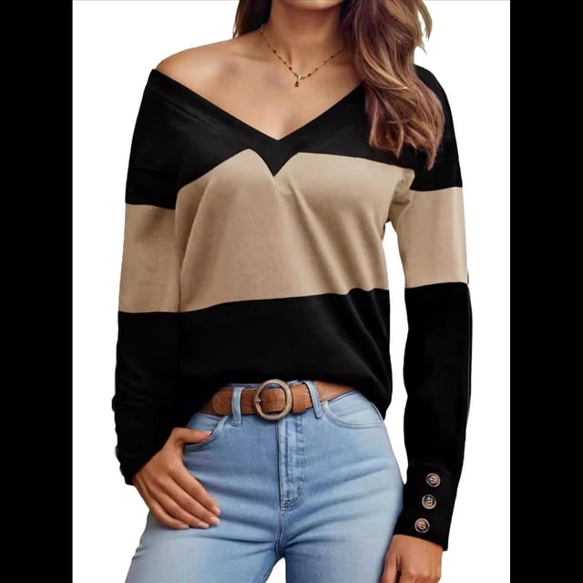Blusas Elegantes e Informales para Mujer, con Bloques de Color, de Larga y Cuello en V, para Otoño. Camello M