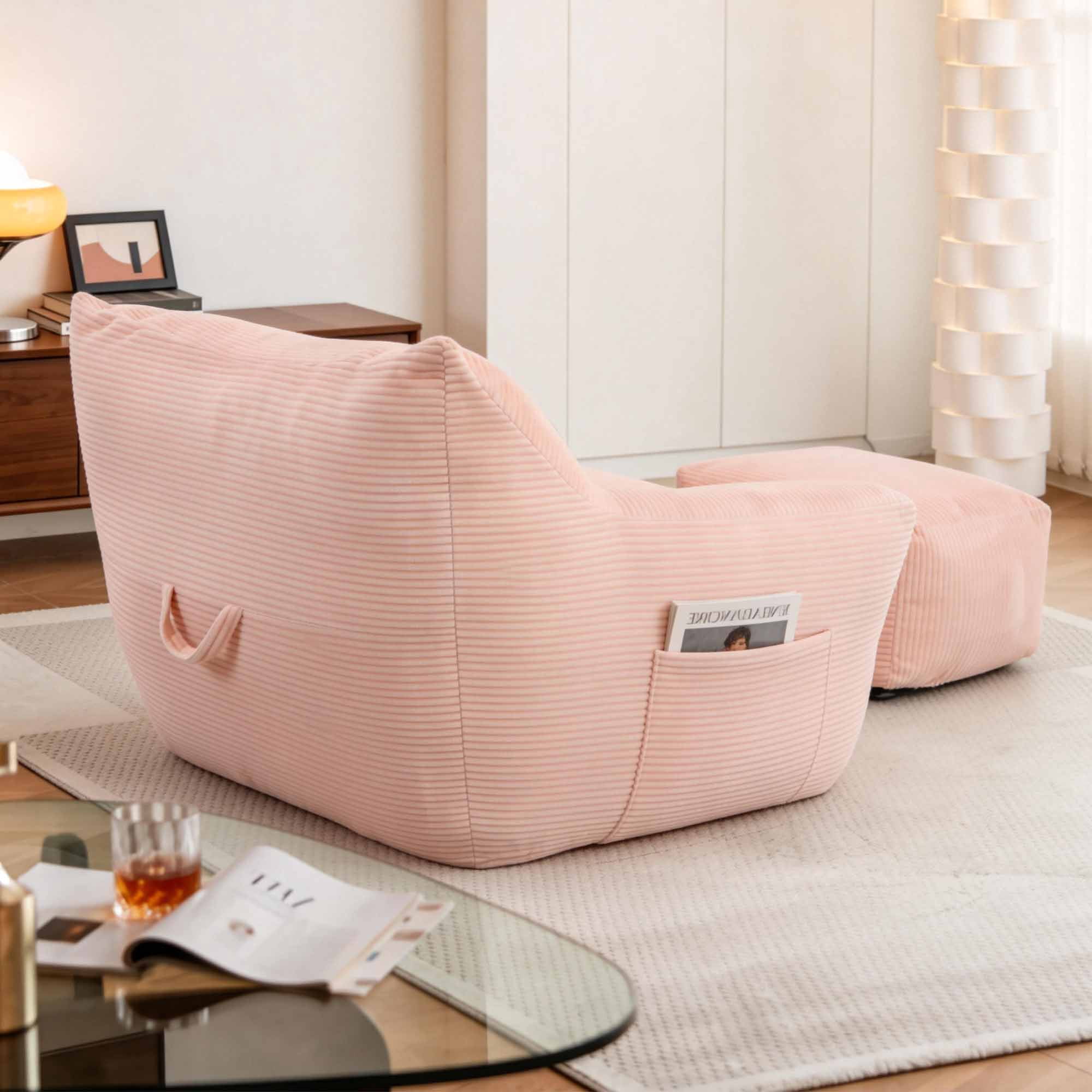 Lunale Oversized Bean Bag Chair with Ottoman, Boneless Lazy Sofa Chair for Bedroom, Living Room, Pink Corduroy