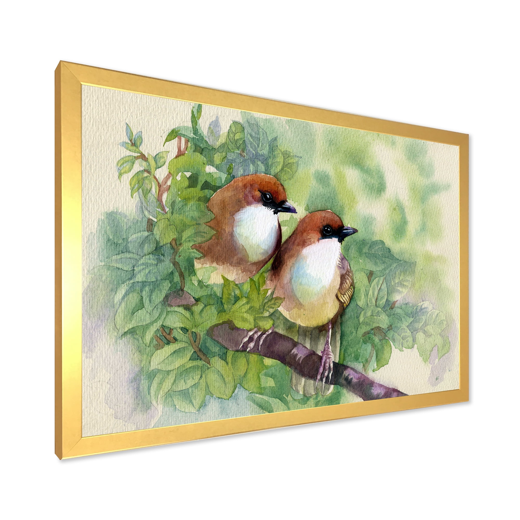 Birds Of Spring Sitting On Branch 32 in x 24 in Framed Painting Canvas Art Print, by Designart