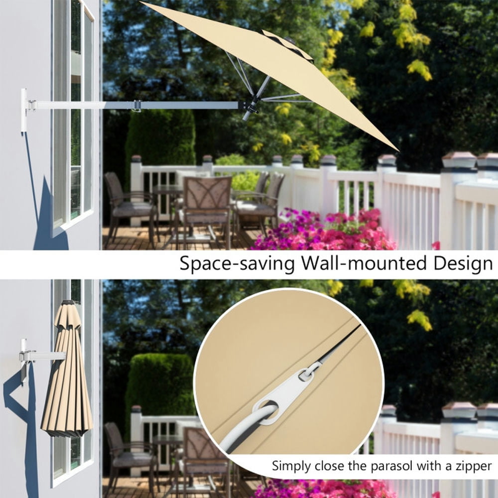 Kadyn Outdoor Patio Umbrella, Outdoor Table Umbrella, 8ft Wall-Mounted Telescopic Folding Tilt Sun Shade Umbrella-Beige