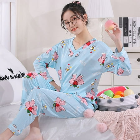 

PIKADINGNIS Womens Pajamas Set Spring Autumn V-neck Girl Elastic Waist Sleepwear Set Polyester Womens Long Sleeve Nightwear Print Top Long