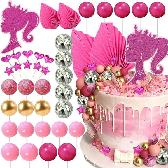 Pink Glitter Cake Decoration Set with Multi-shaped Accessories for Shining Party Decorations