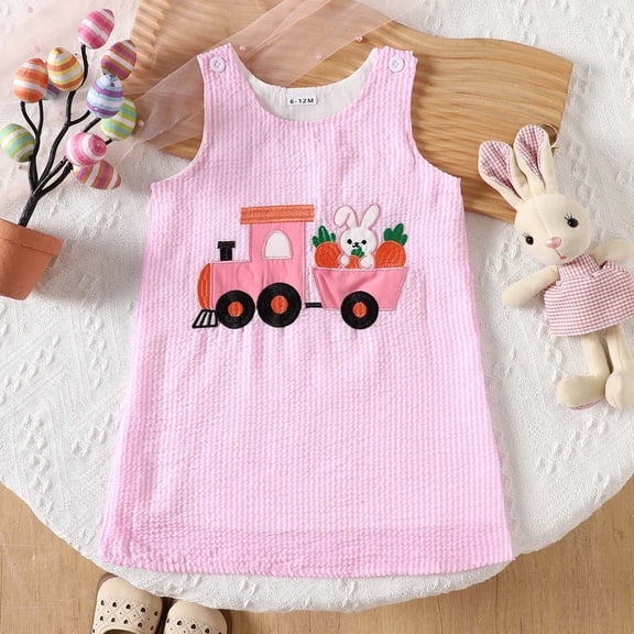 HAYIMI Child Toddler Girls O-Neck Sleeveless Easter Cartoon Embroider Dresses Party Dance Dress Birthday Special Occasion Back To School Swing Flowy Kids Sundress