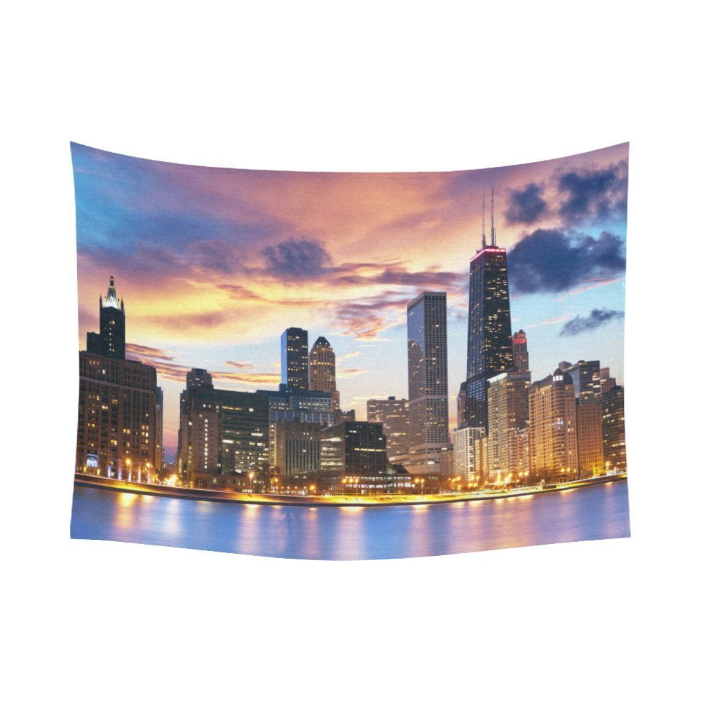 GCKG Chicago Skyline Tapestry Horizontal Wall Hanging Dream Night View