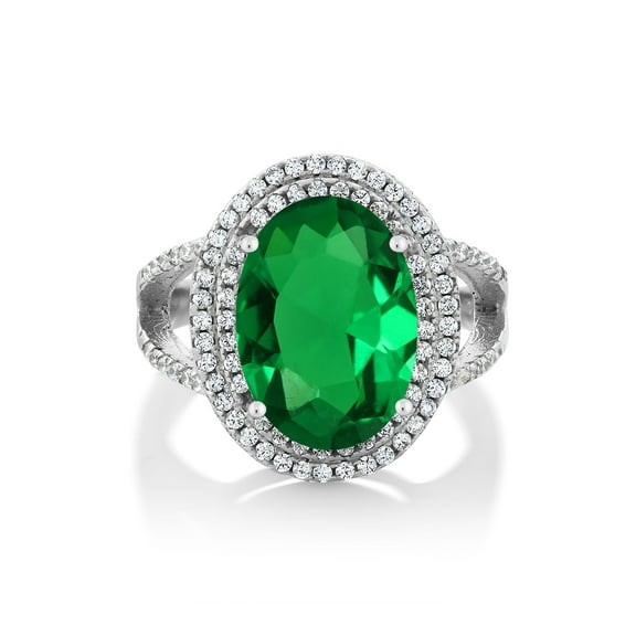 Gem Stone King 925 Sterling Silver Green Nano Emerald Ring for Women (7.16 Cttw, Oval 14X10MM, Available 5,6,7,8,9)