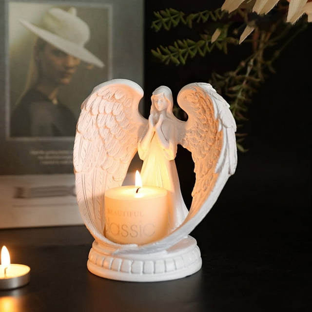 Exquisite Resin Angel Electronic Candle Holder Elegant LED Statue for Home and Memorial Display with Remote Control Features
