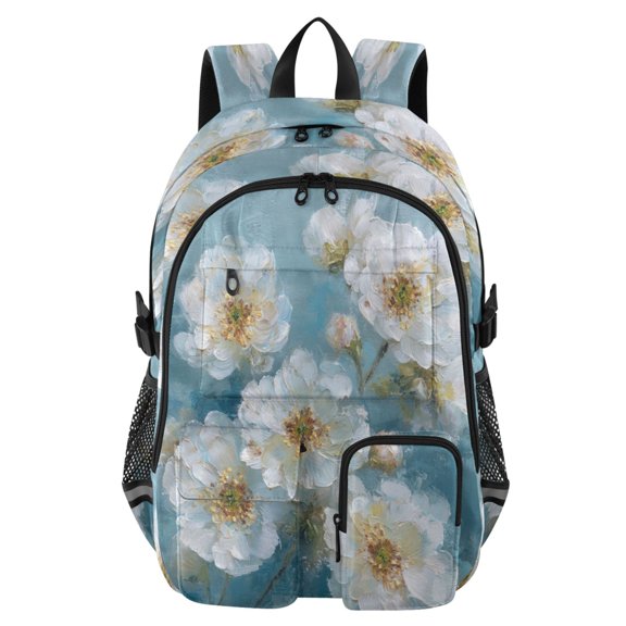 Large Capacity Student Backpack, 14 Inch Laptop Backpack, Wear-Resistant Polyester Travel Backpack with Reflective Strips for Commuting Outdoor Beautiful White Flowers Beautiful