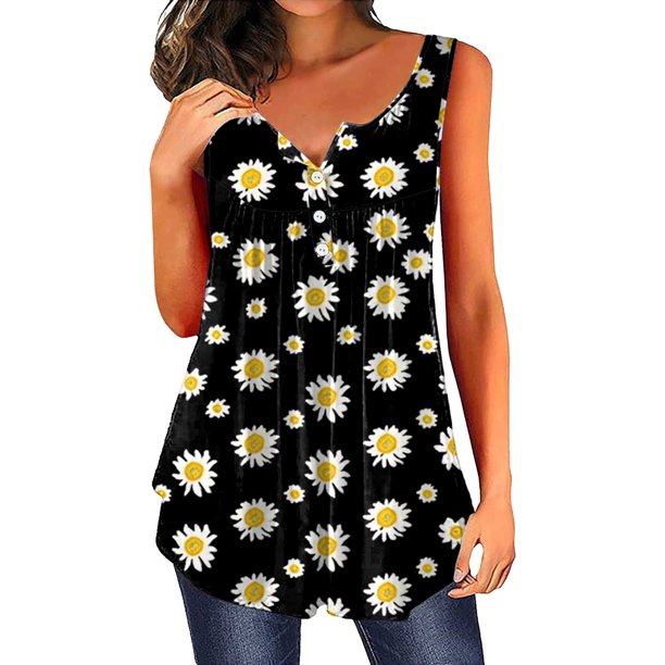 Tank Top Para Mujeres Workout Camiseta con estampado de girasol a la moda de verano para mujer, camiseta con cuello en V y botones, camiseta sin mangas, camiseta tipo túnica (Khaki, XL)