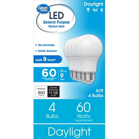 Great Value A19 LED Light Bulbs, 60 Watts Eqv, Daylight, General Purpose, 9yr, Medium Base, 4 pack