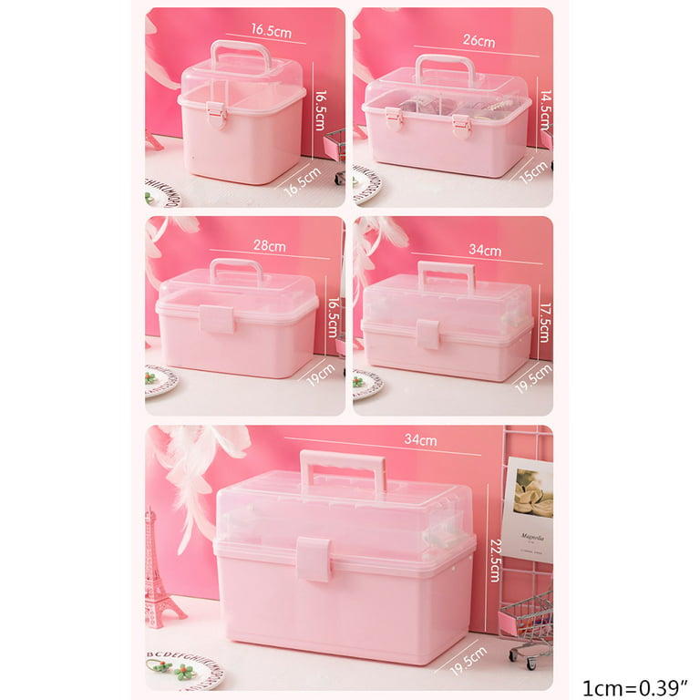 SEAHOME 3-Tier Pink Storage Box Hair Accessories Organizer for Girls Multipurpose Cosmetics Supplies Storage Box Portable Lockable Container