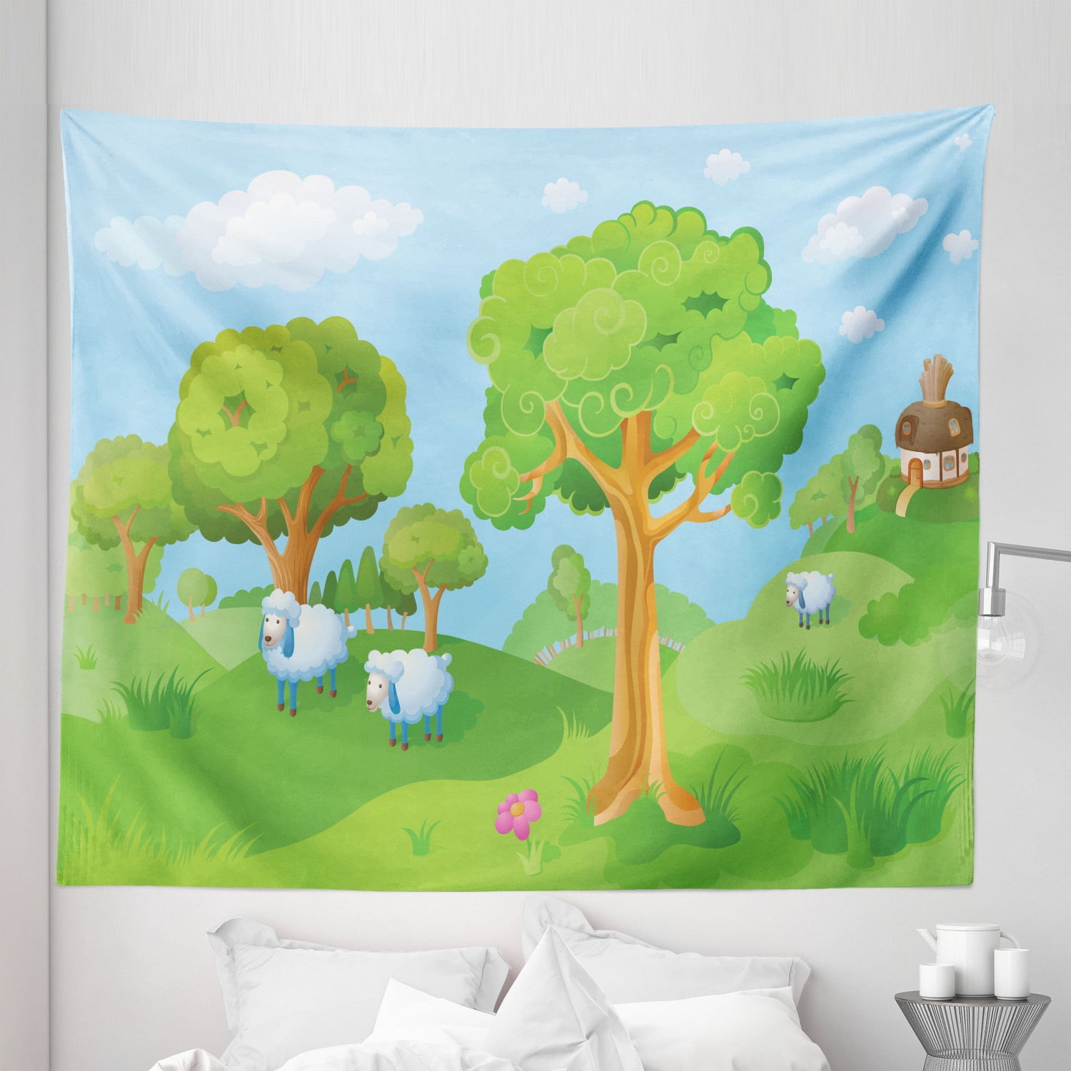 Cartoon Tapestry, Cartoon Style Illustration of a Country Landscape Green Trees Lambs on