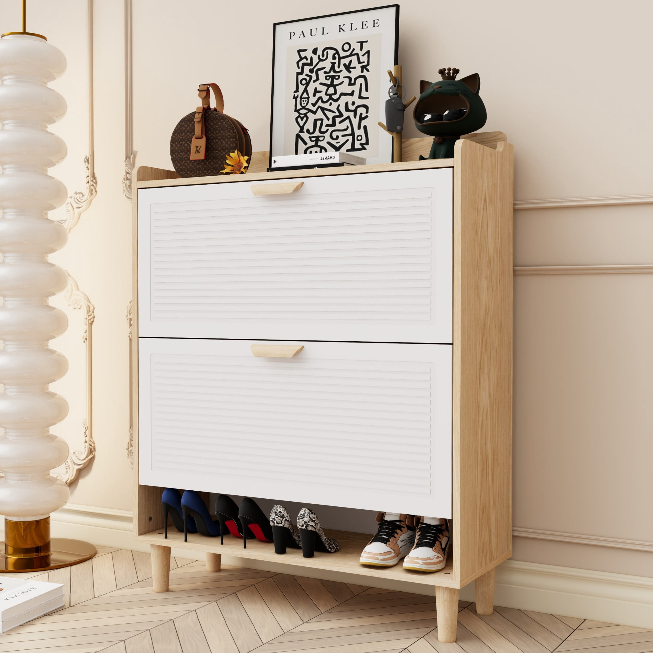Noble House 31" Nordic Shoe Storage Cabinet, Flip Drawer Narrow Entryway Organizer, Solid Wood Legs, White & Natural