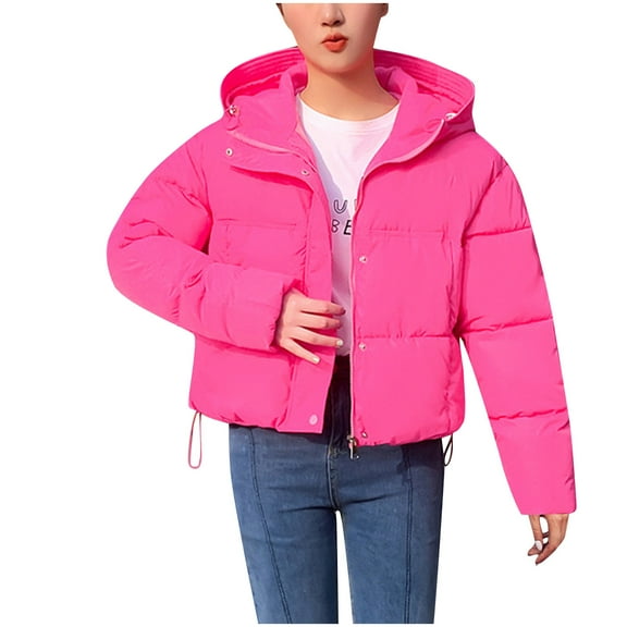 Qetyuw Womens Winter Crop Puffer Coat Warm Long Sleeve Open Front Down Coat Zip Up Casual Chunky Hooded Jacket