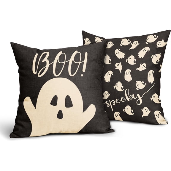 Happy Halloween Throw Pillow Covers Set of 2-18x18 Inch Black White Spooky Ghost Pillow Cases- Linen Soft Thick Square Cushion Cover for Sofa Couch Bedding Living Room Decor