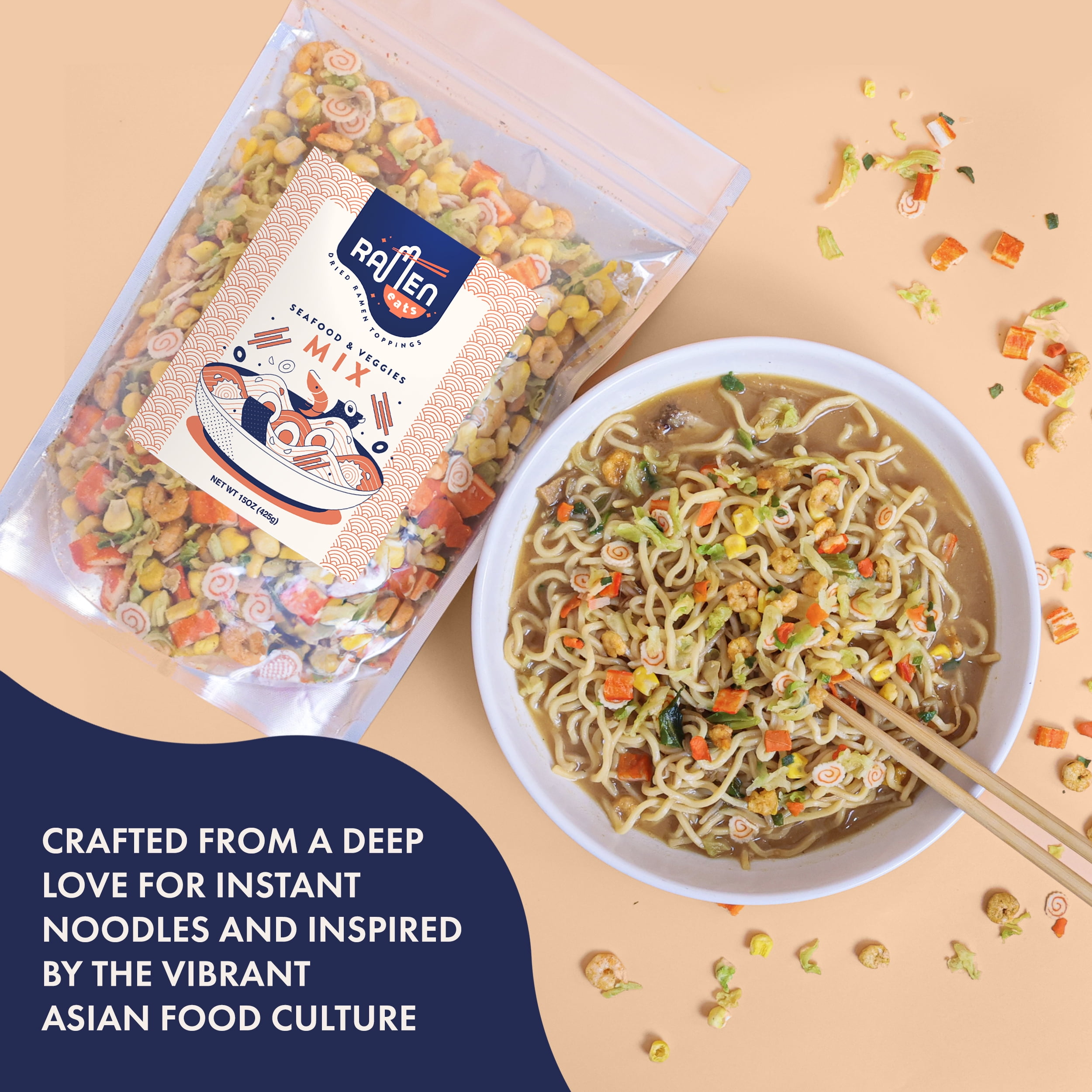 Big Bag Ramen Eats Classic Seafood Mix with Dried Vegetables Toppings for Noodles (15 oz, Seafood Noodle Mix)