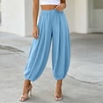 thumbnail image 2 of Htigea Womens Cropped Balloon Pants Baggy Wide Leg Slacks Solid Color Summer Elastic Waist Lounge Travel Pants Light Blue XXL, 2 of 7