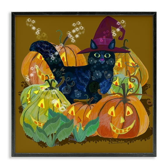 Stupell Industries Cat with Jack-o-Lanterns Animals Painting Black Framed Art Print Wall Art, 12 x 12