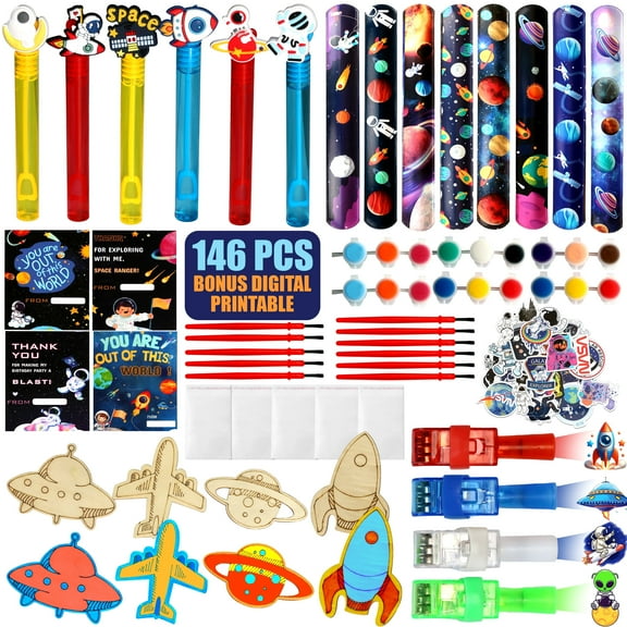 146 Pcs Outer Space Party Favors - 12 Set Astronaut Bubbles, Wood Painting Kits, Stickers, Finger light- Kids Birthday Supply