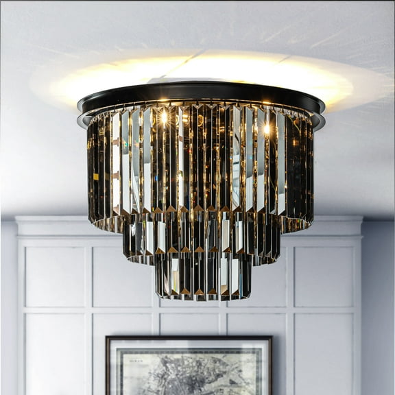 6-Lights Modern Matte Black 3-Tier Round Fringe Flush Mount Lighting with Smoke Crystal