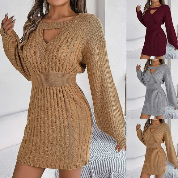 BiZtdJrK Women's Cable Knit Sweater Dress Cut Out Smocked Waist Long Sleeve Casual Sweaters Pencil Bodycon Mini Dresses Fall Winter Outfits Khaki S